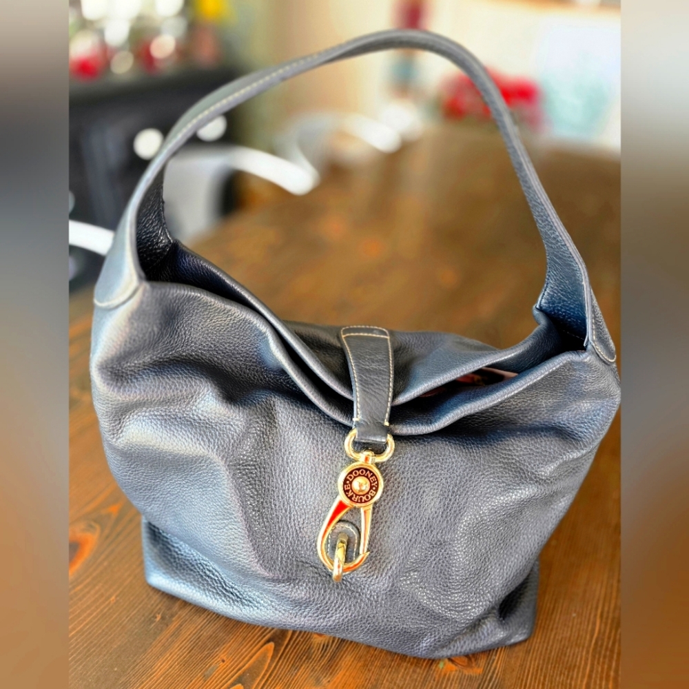 Dooney & Bourke Pebble Leather Logo Lock Hobo Shoulder Bag Navy With Key Fob